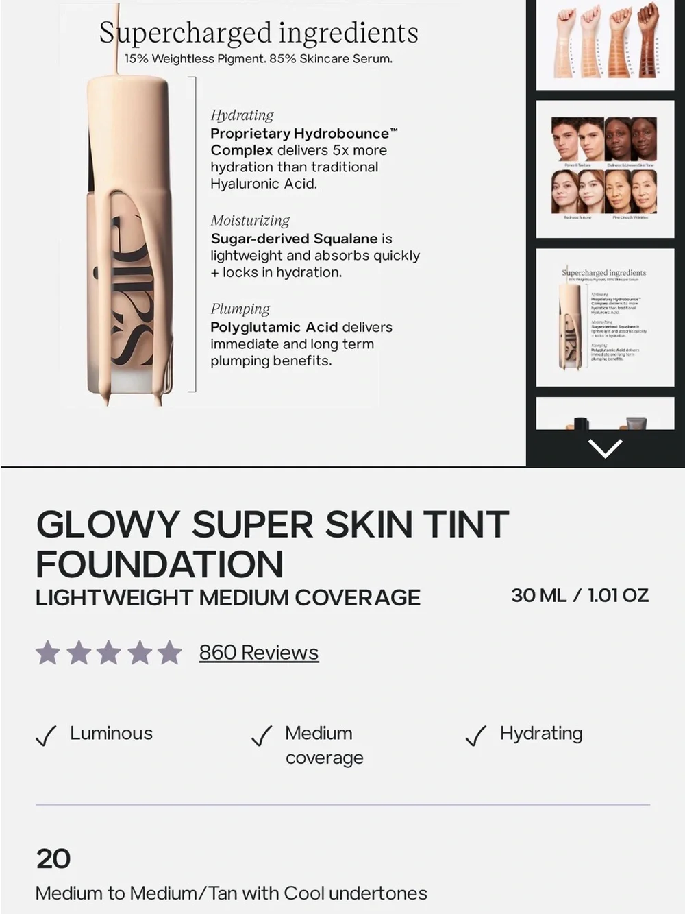 Saie Glowy Super Skin Tint Full Size Foundation in Shade 20 Medium/ Medium Tan